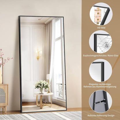 Großer Ganzkörperspiegel 180x86cm mit Aluminiumrahmen – Stehend & Wandmontage