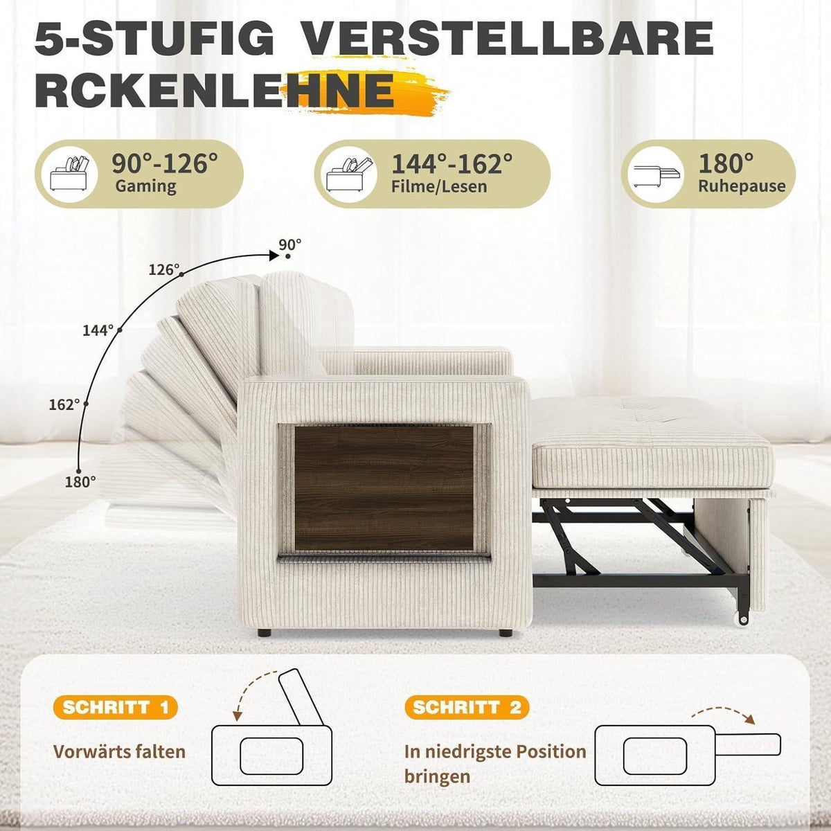 Schlafsofa mit Klapptisch & Verstelllehne – Cord Beige