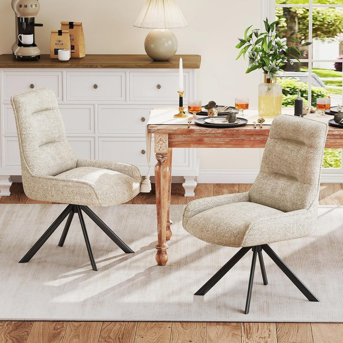 Drehbarer Esszimmerstuhl Set, Chenille, Beige - 4er Pack