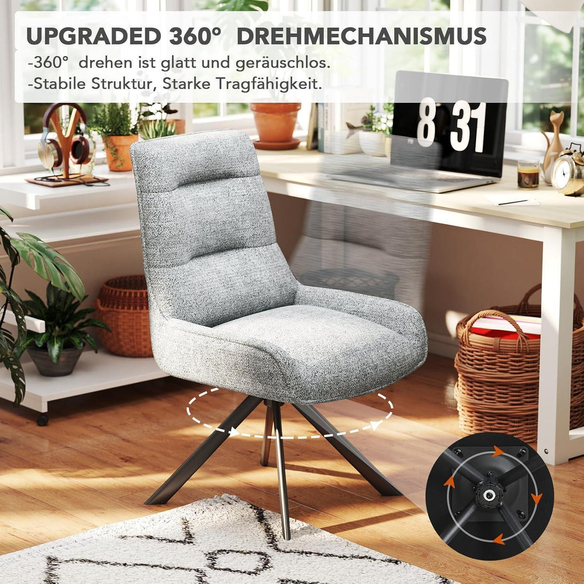 Drehbarer Esszimmerstuhl Set, Chenille, Hellgrau