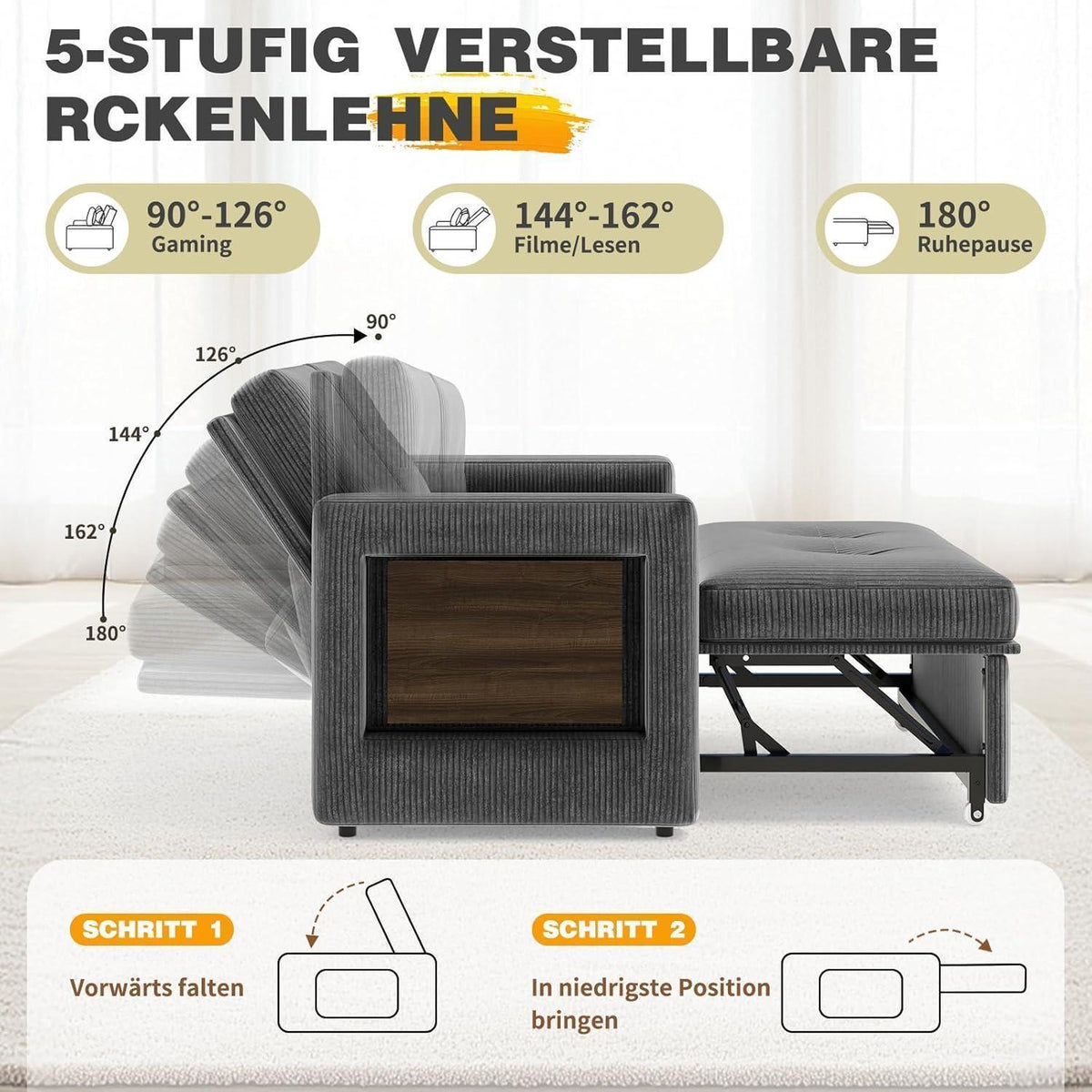 Schlafsofa mit Klapptisch & Verstelllehne – Grau