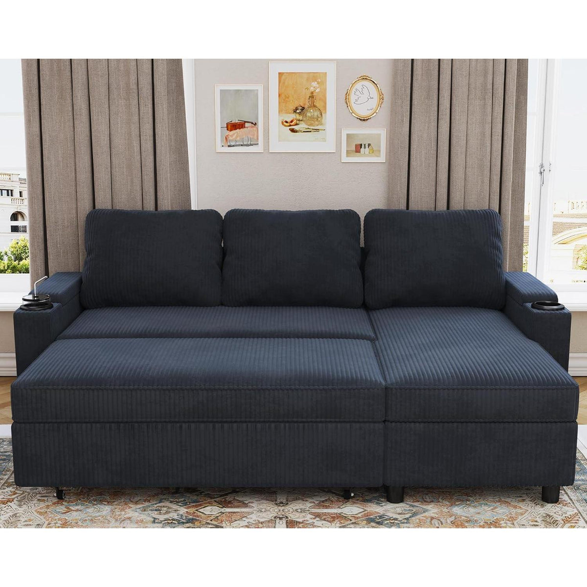 Devoko Ecksofa mit Schlaffunktion & Bettkasten, Blauschwarz