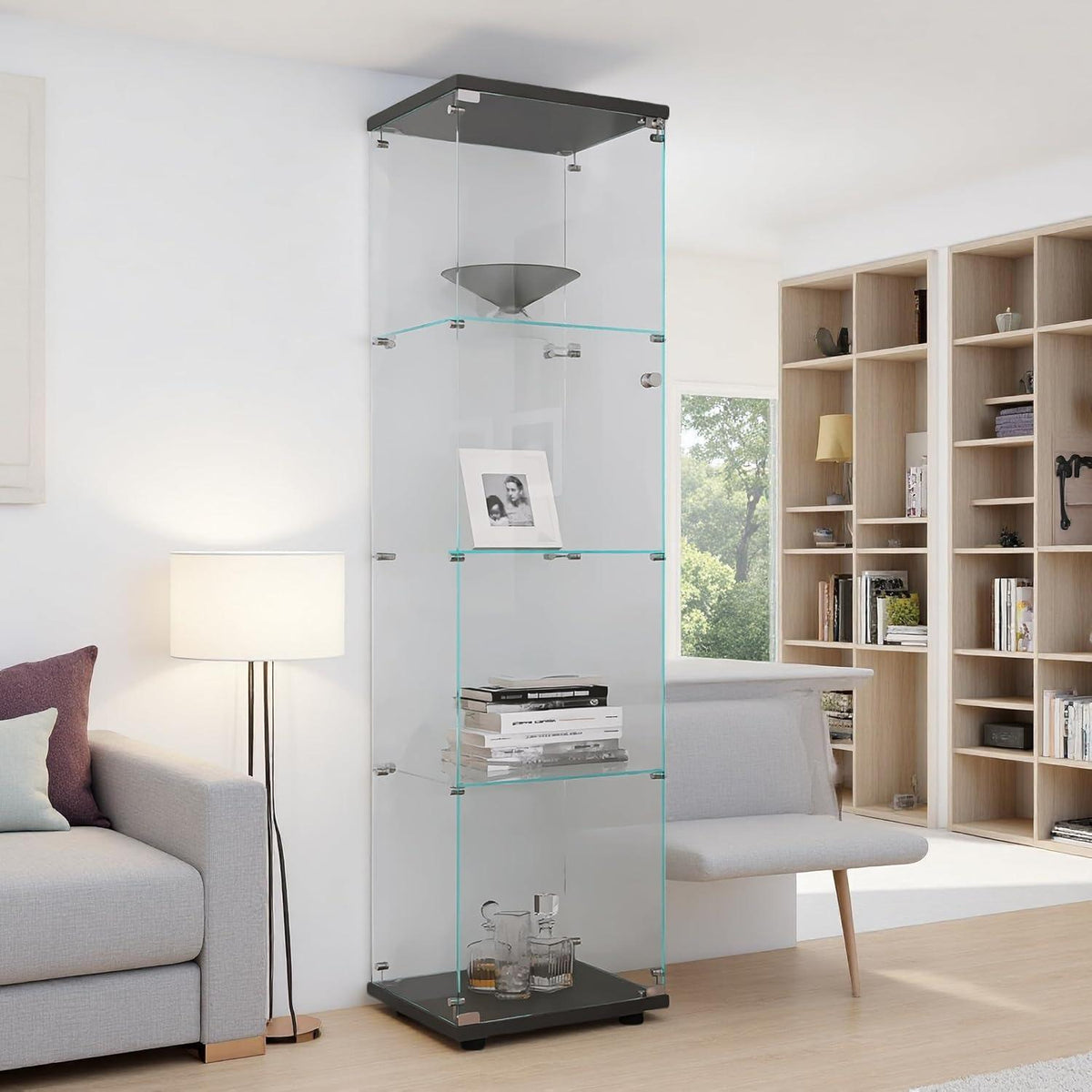 Moderne Glasvitrine 4-Ebenen – Freistehendes Bücherregal Schwarz