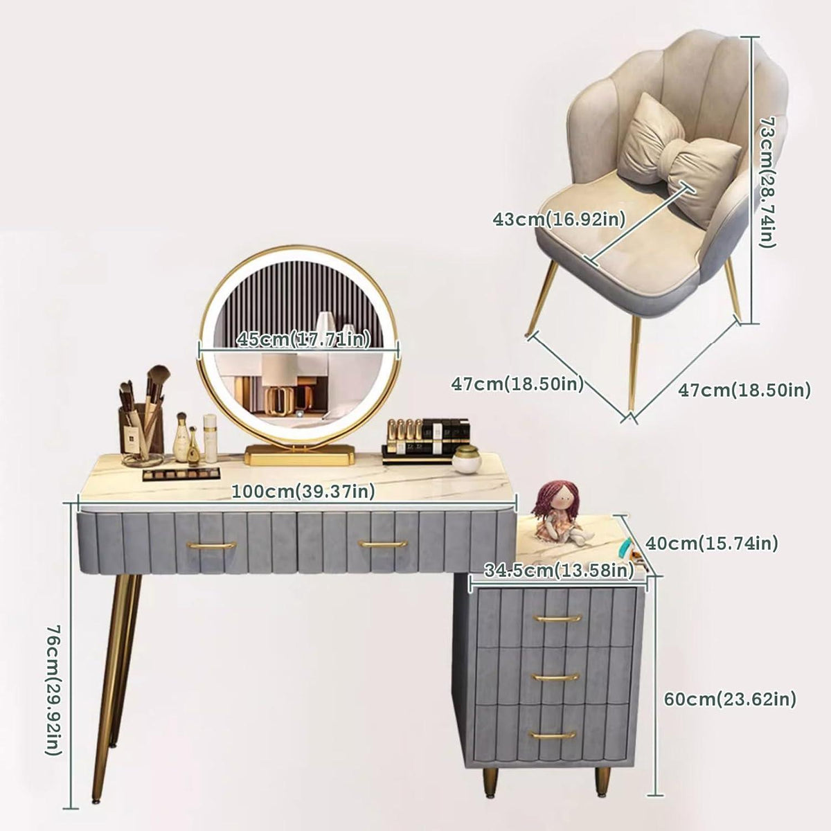 Schminktisch Set mit Stuhl & Spiegel – Grau, 100cm