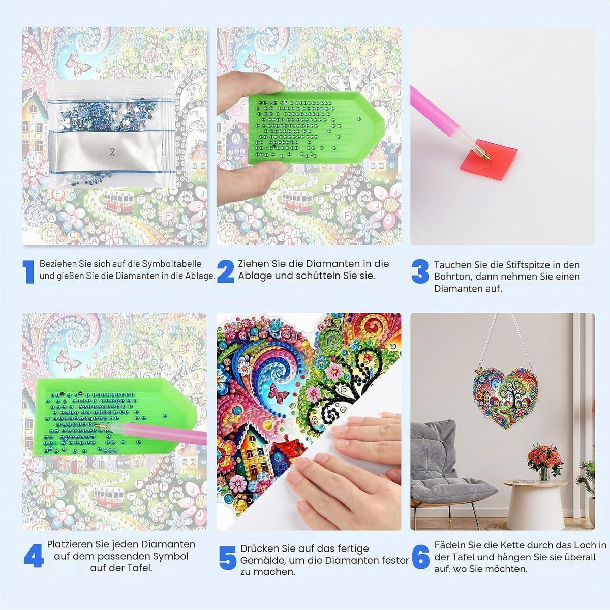 Diamant Painting Dorf Schmetterling DIY Set mit Kette 20x20cm