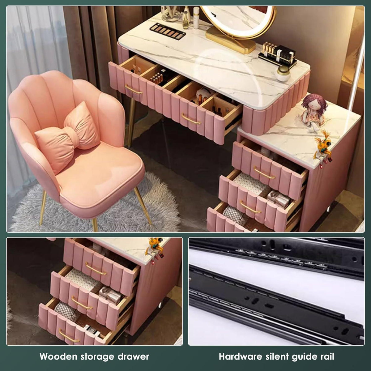 Schminktisch Set mit Granitplatte, Spiegel & Samtstuhl Rosa