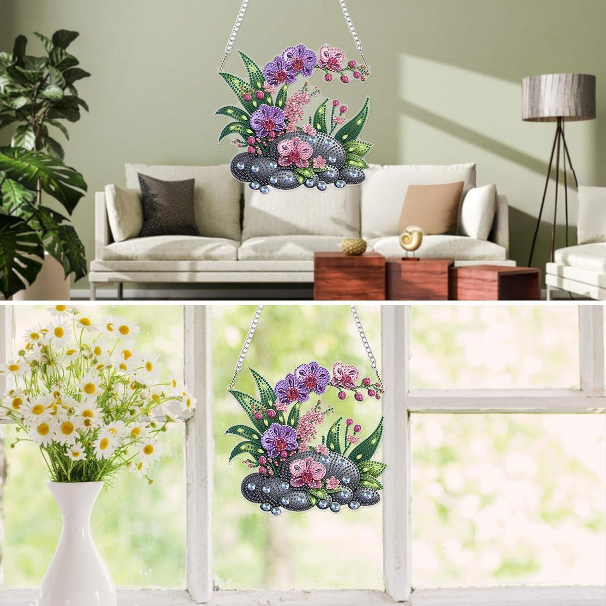 DIY Orchideen Diamantmalerei Set mit Kette – Hängendes Fensterbild 20x20cm