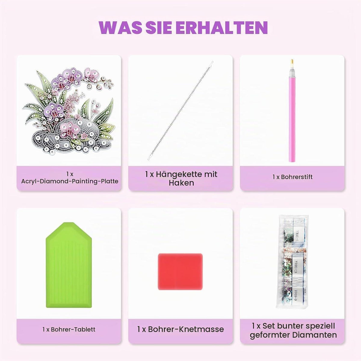 DIY Orchideen Diamantmalerei Set mit Kette – Hängendes Fensterbild 20x20cm