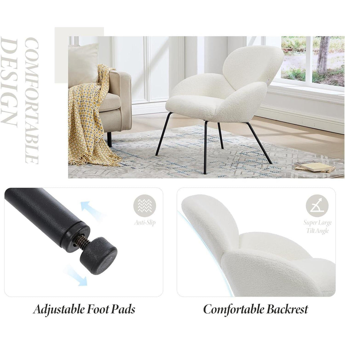 Loungesessel Wohnzimmer Modern, Kunstfell Weiß