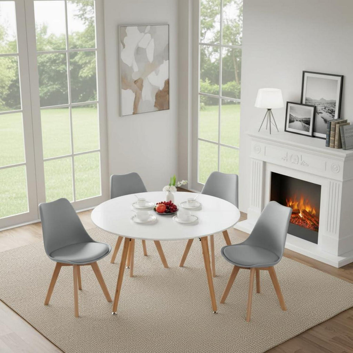 Esstisch Set 120cm Holz mit 4 Grau Skandinavischen Stühlen