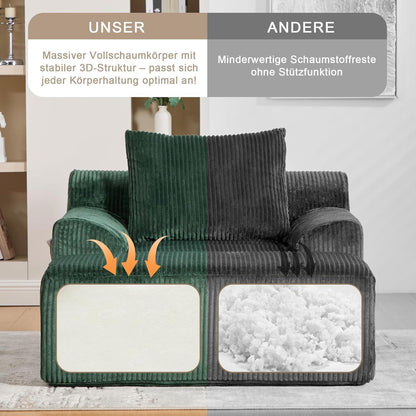 Übergroßer Cord Sessel mit Fußhocker & Seitentaschen – Smaragd