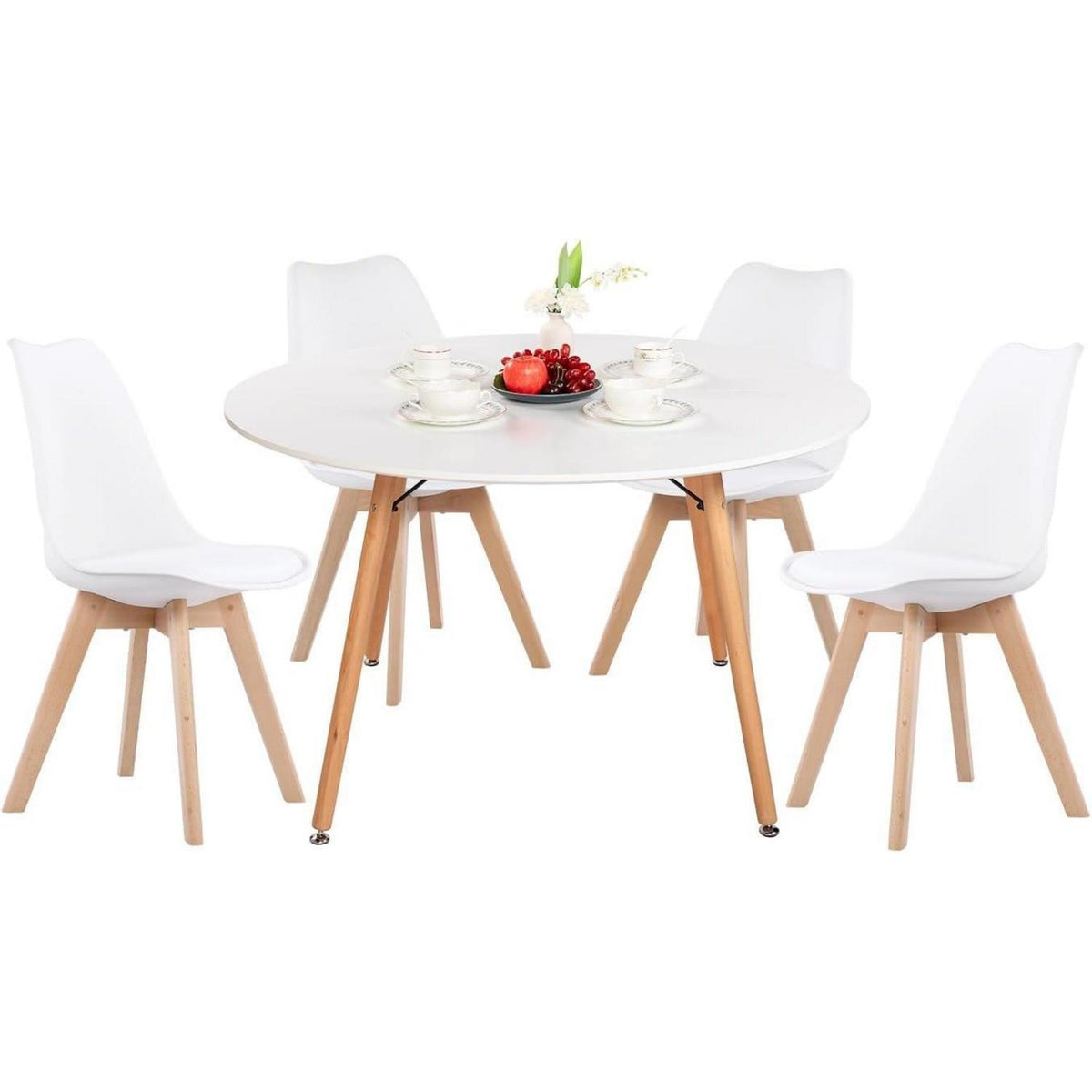 Esstisch Set 120cm Weiß mit 4 Buche Stühlen