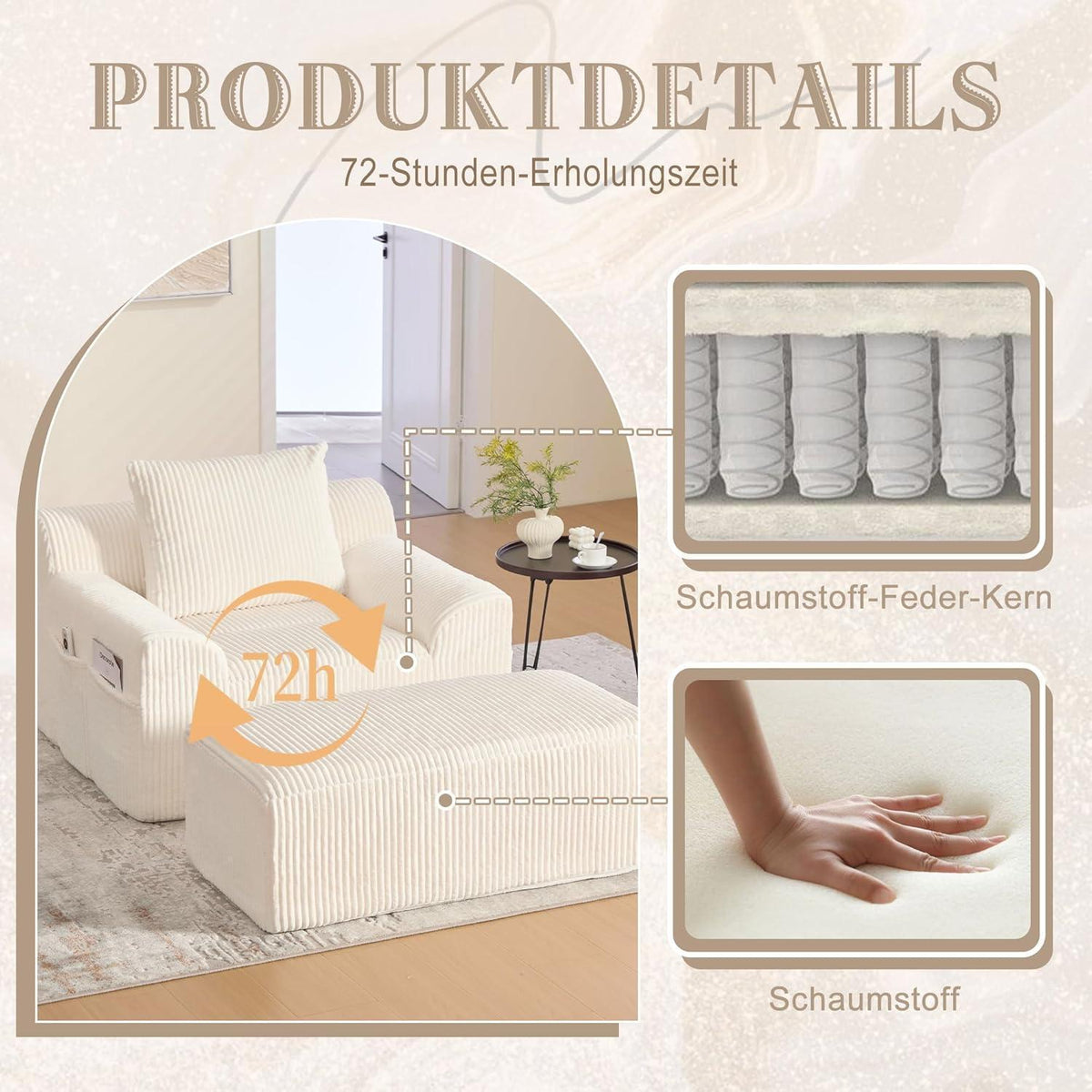 Übergroßer Cord Sessel mit Fußhocker & Seitentaschen – Beige