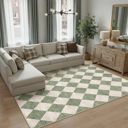 Grüner Teppich 160x230cm Waschbar Kariert Modern Rechteckig