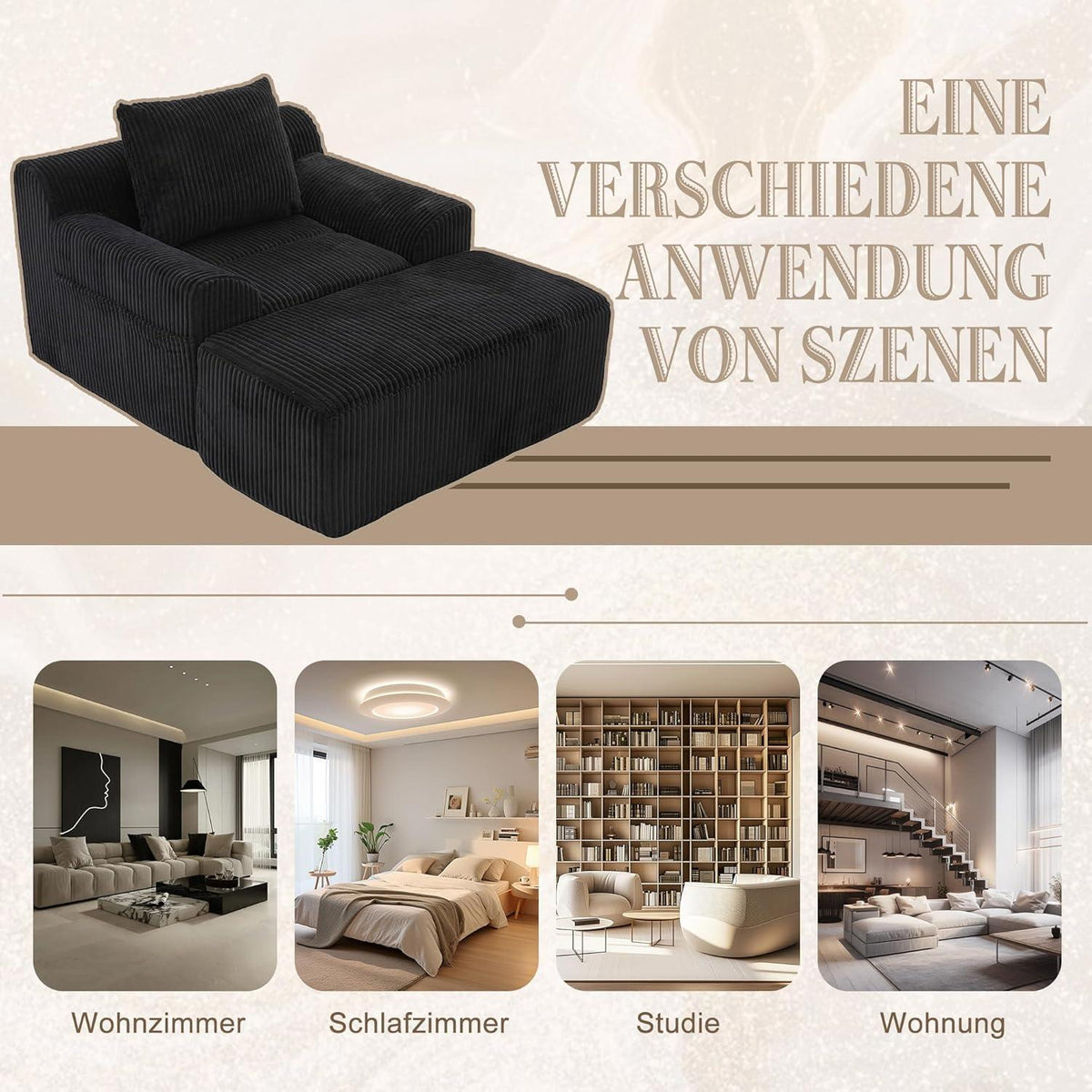 Übergroßer Cord Sessel mit Fußhocker & Seitentaschen Schwarz
