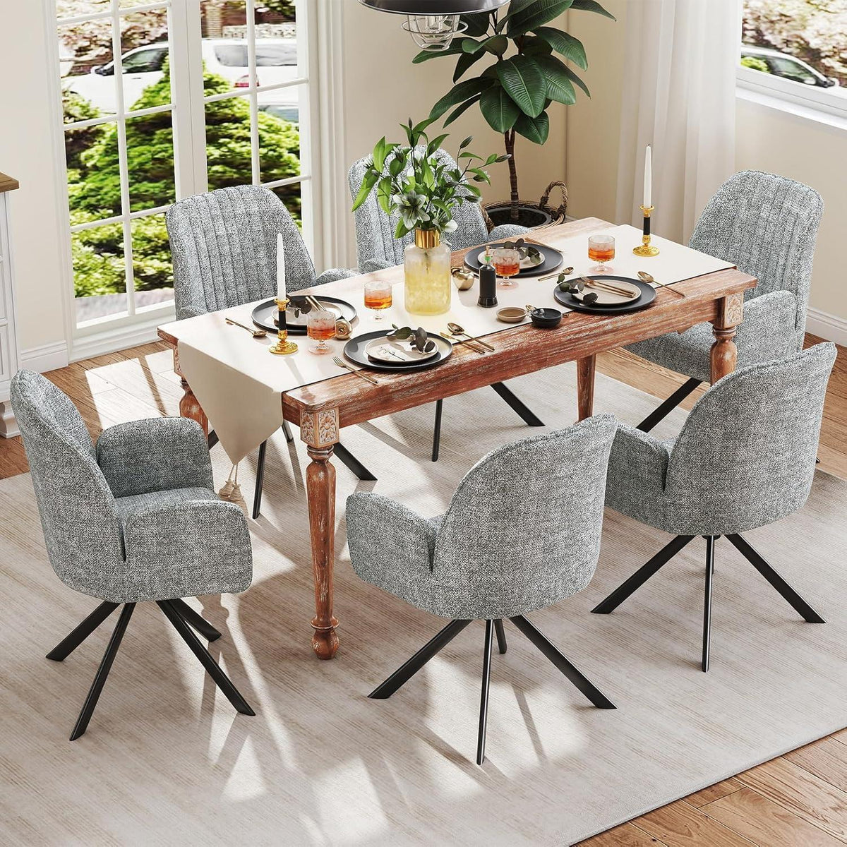 Drehbarer Esszimmerstuhl mit Armlehne & Chenillebezug - Set 4 Stück