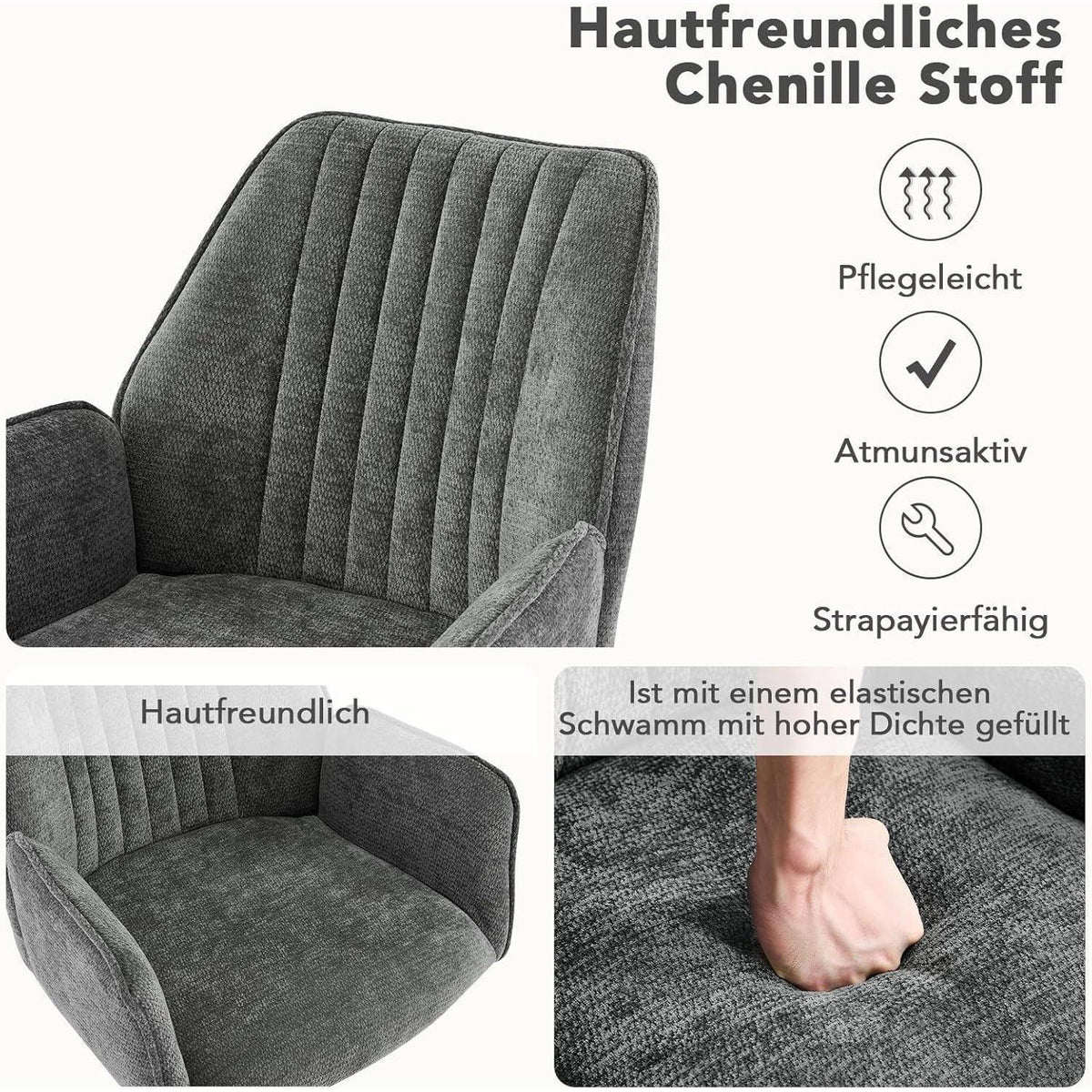 Drehbarer Esszimmerstuhl mit Armlehne & Chenille Bezug - Dunkelgrau 4er Set