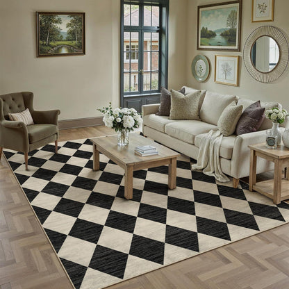 Waschbarer Teppich Schwarz 160x230cm – Modern Kariert & Rutschfest