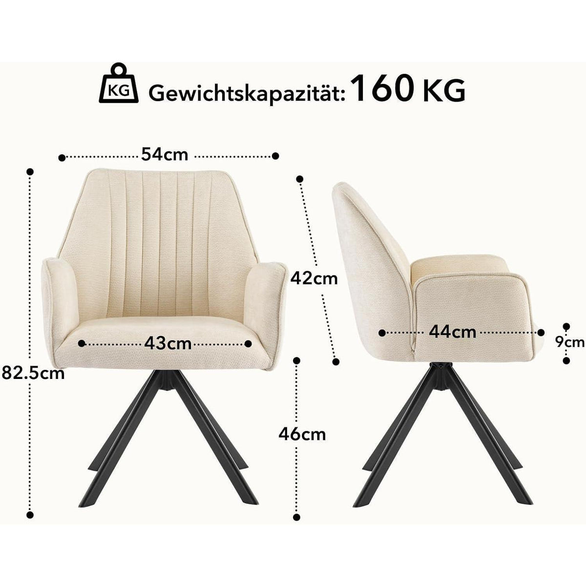 Drehbarer Esszimmerstuhl mit Armlehne & Chenillebezug - 6er Set Beige