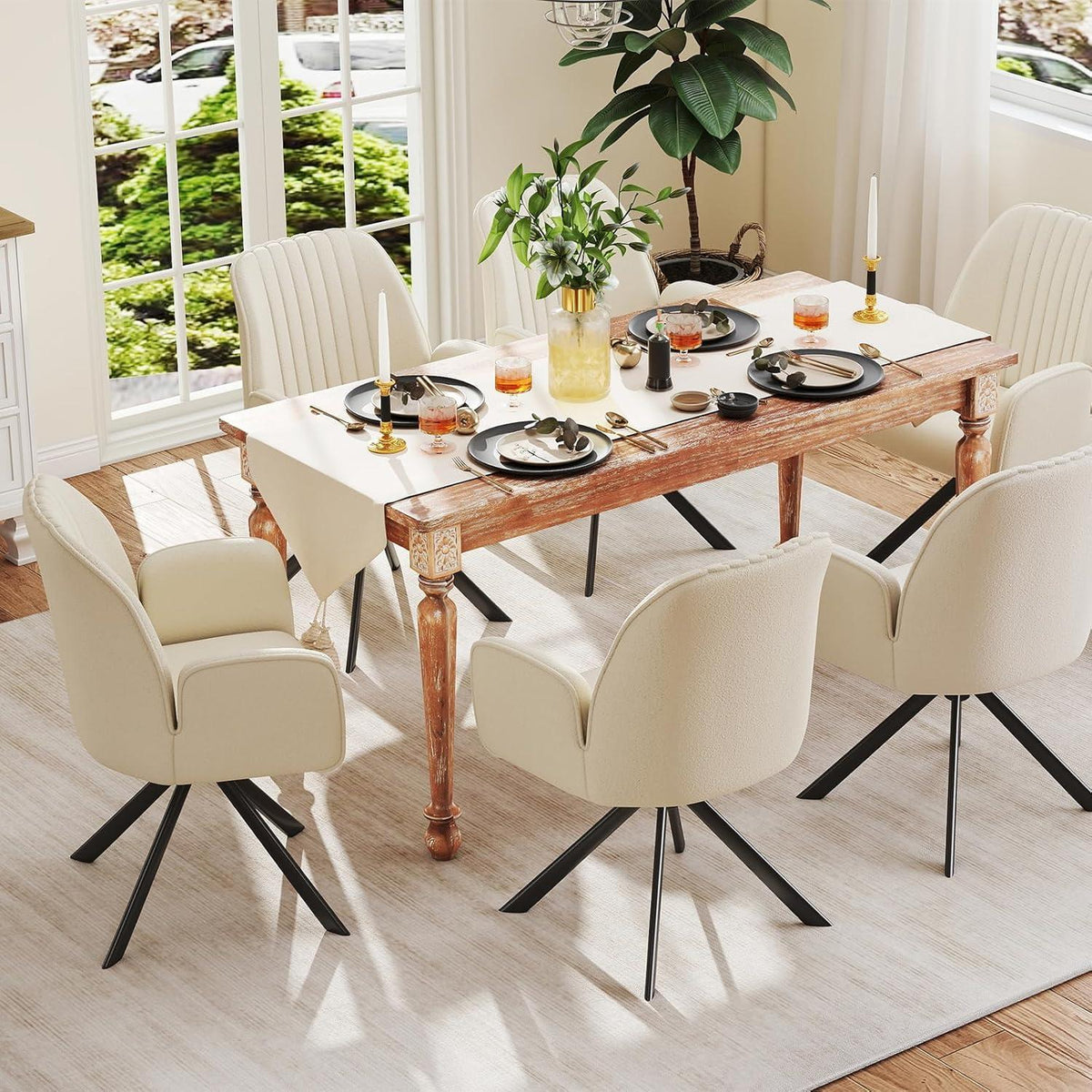 Drehbarer Esszimmerstuhl mit Armlehne & Chenillebezug - 6er Set Beige