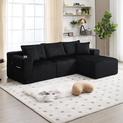 Cordo L-Form Sofa Schwarz – Eckcouch mit Getränkehaltern & Taschen