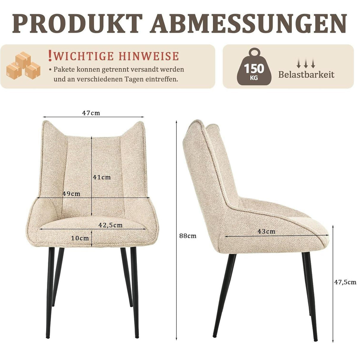Moderner Esszimmerstuhl Set Creme – Samt, verstellbare Füße