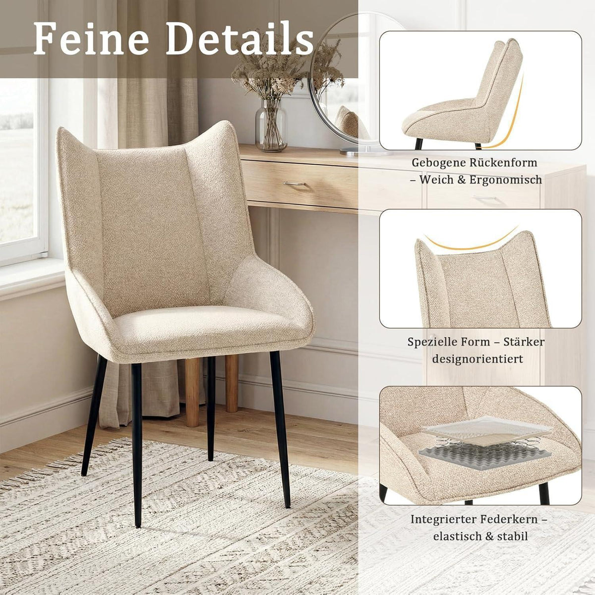 Moderner Esszimmerstuhl Set Creme – Samt, verstellbare Füße