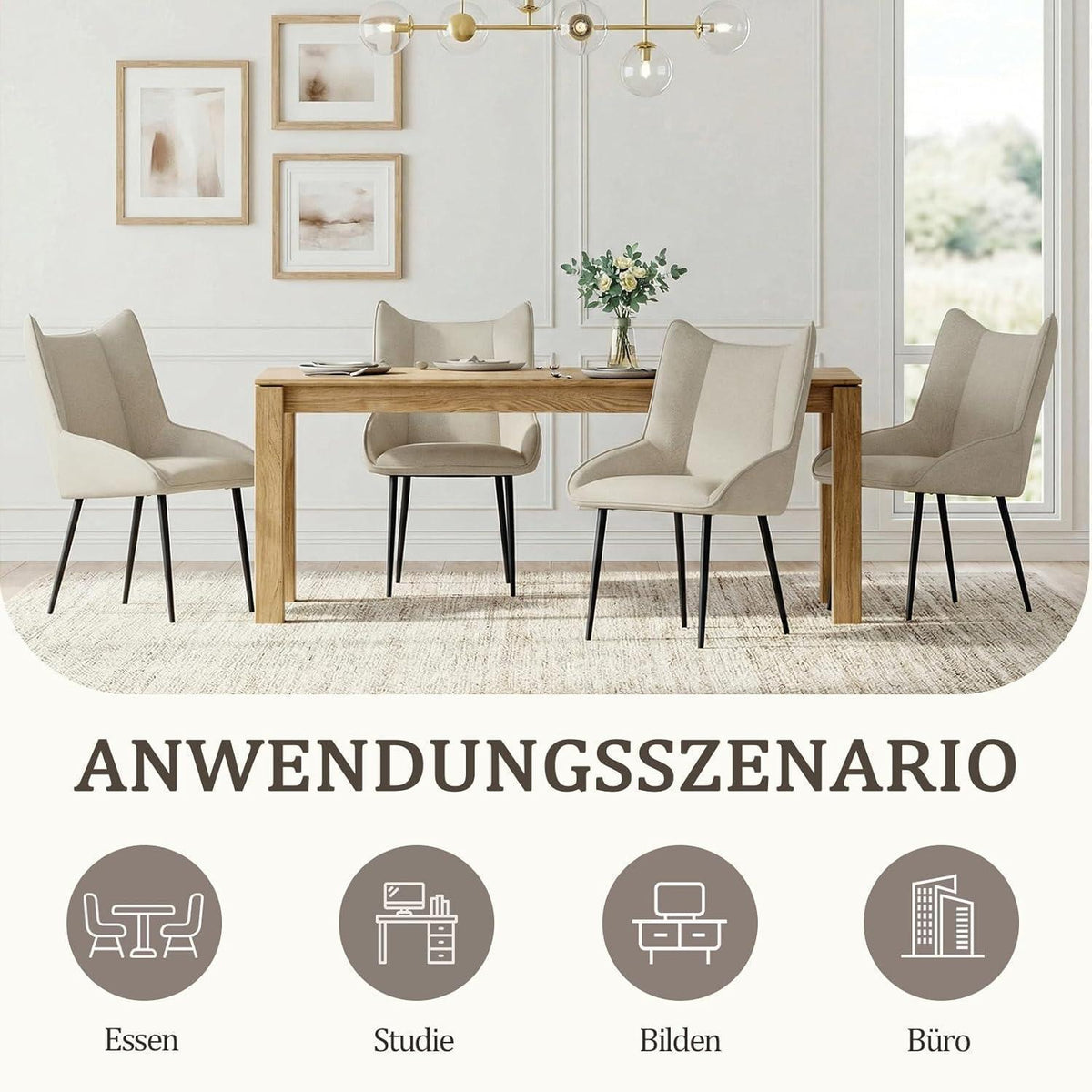 Moderner Esszimmerstuhl 2er Set Beige, Leinen-Polyester Mix