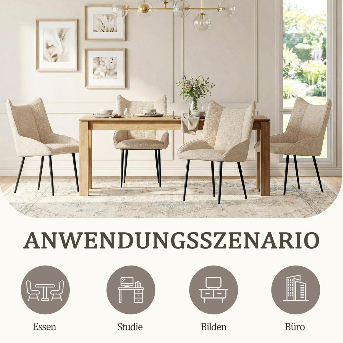 Moderner Esszimmerstuhl Set Creme - Samt, Verstellbare Füße