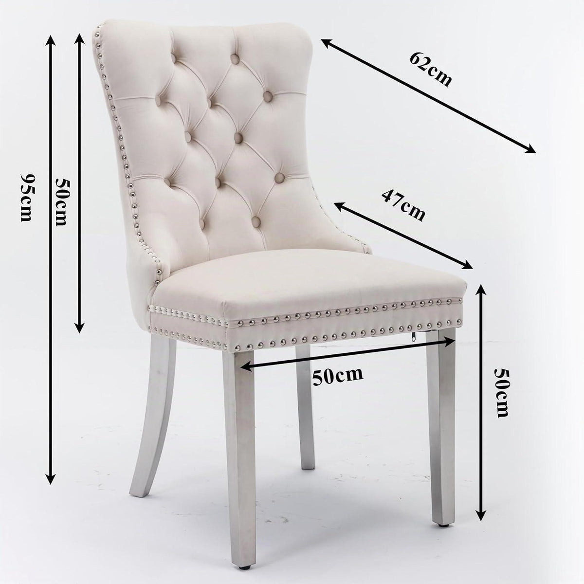 Esszimmerstühle Set 4er – Samt, Chrom & Nieten, Beige