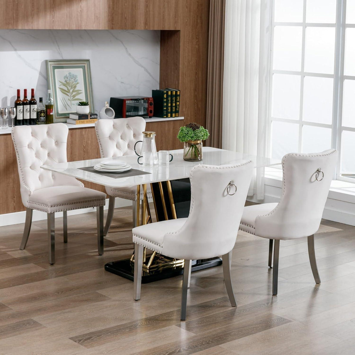 Esszimmerstühle Set 4er – Samt, Chrom & Nieten, Beige