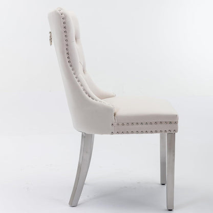 Esszimmerstühle Set 4er – Samt, Chrom & Nieten, Beige