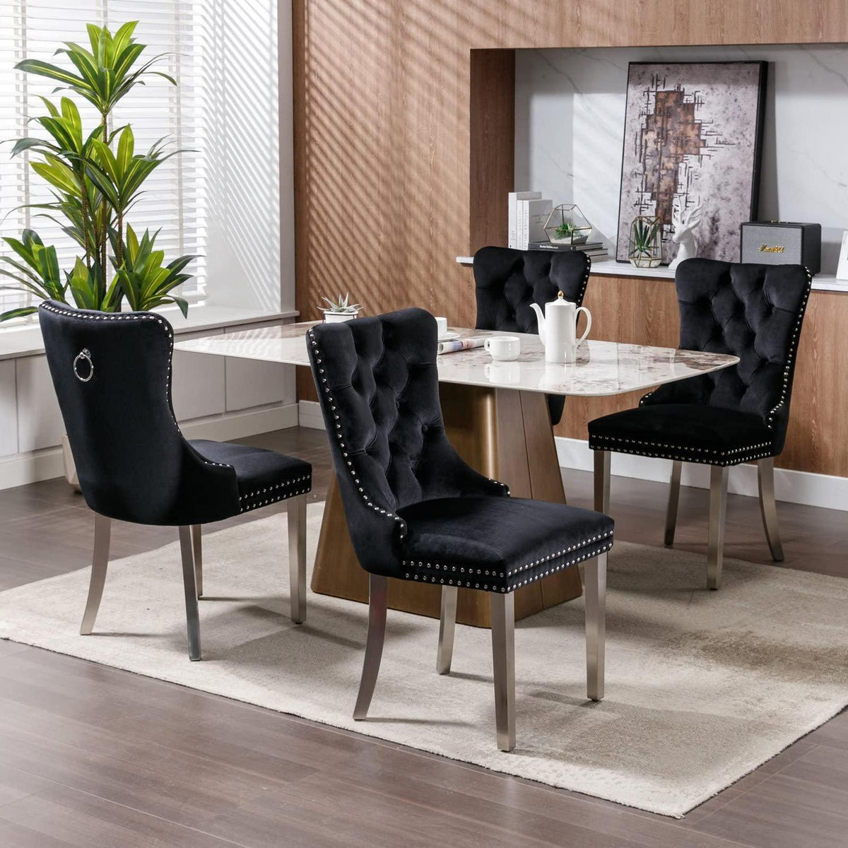 Esszimmerstühle Set 4er – Samt, Gepolstert, Schwarz & Chrom