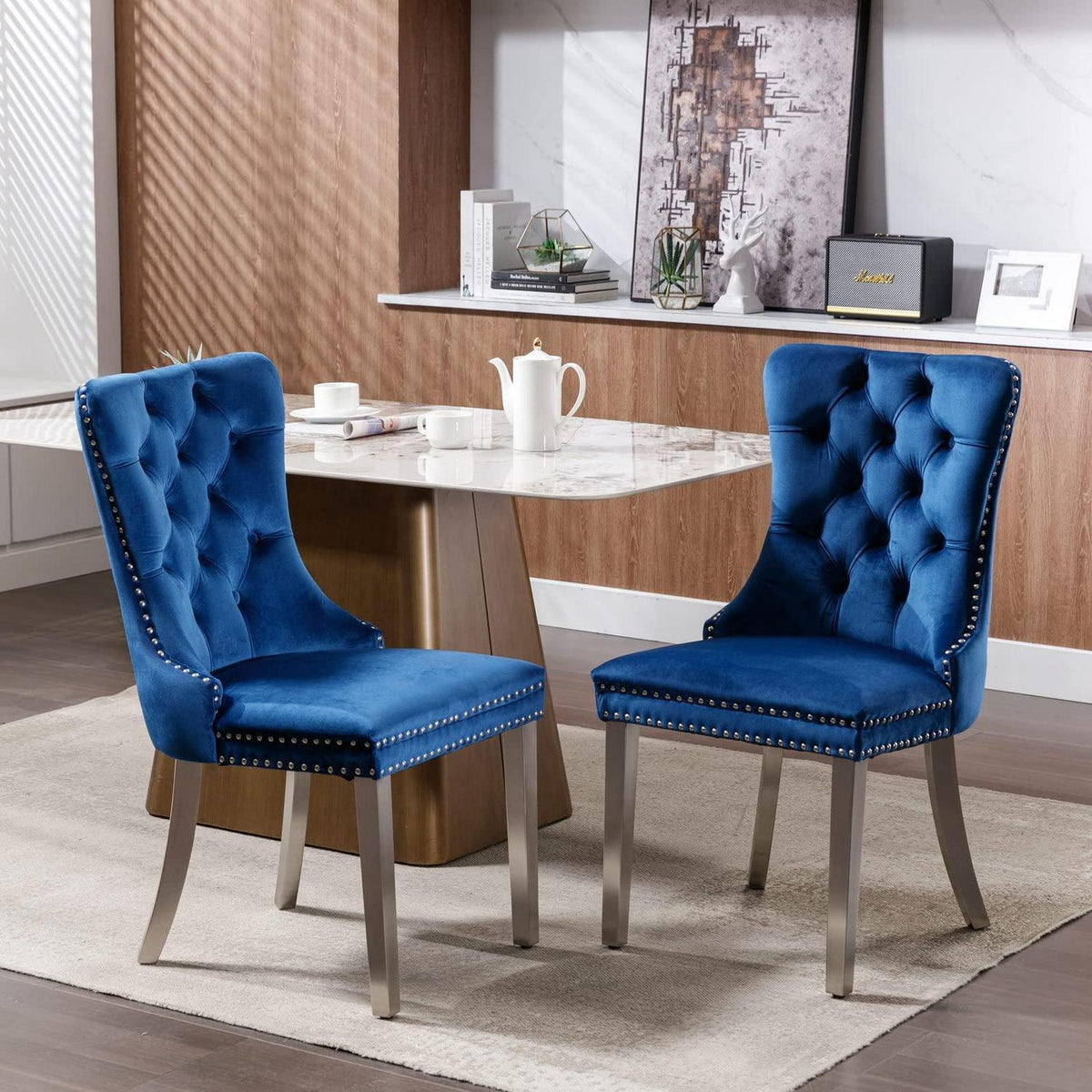 Esszimmerstuhl Set 2er – Samt, Blau & Chrom, Hohe Rückenlehne