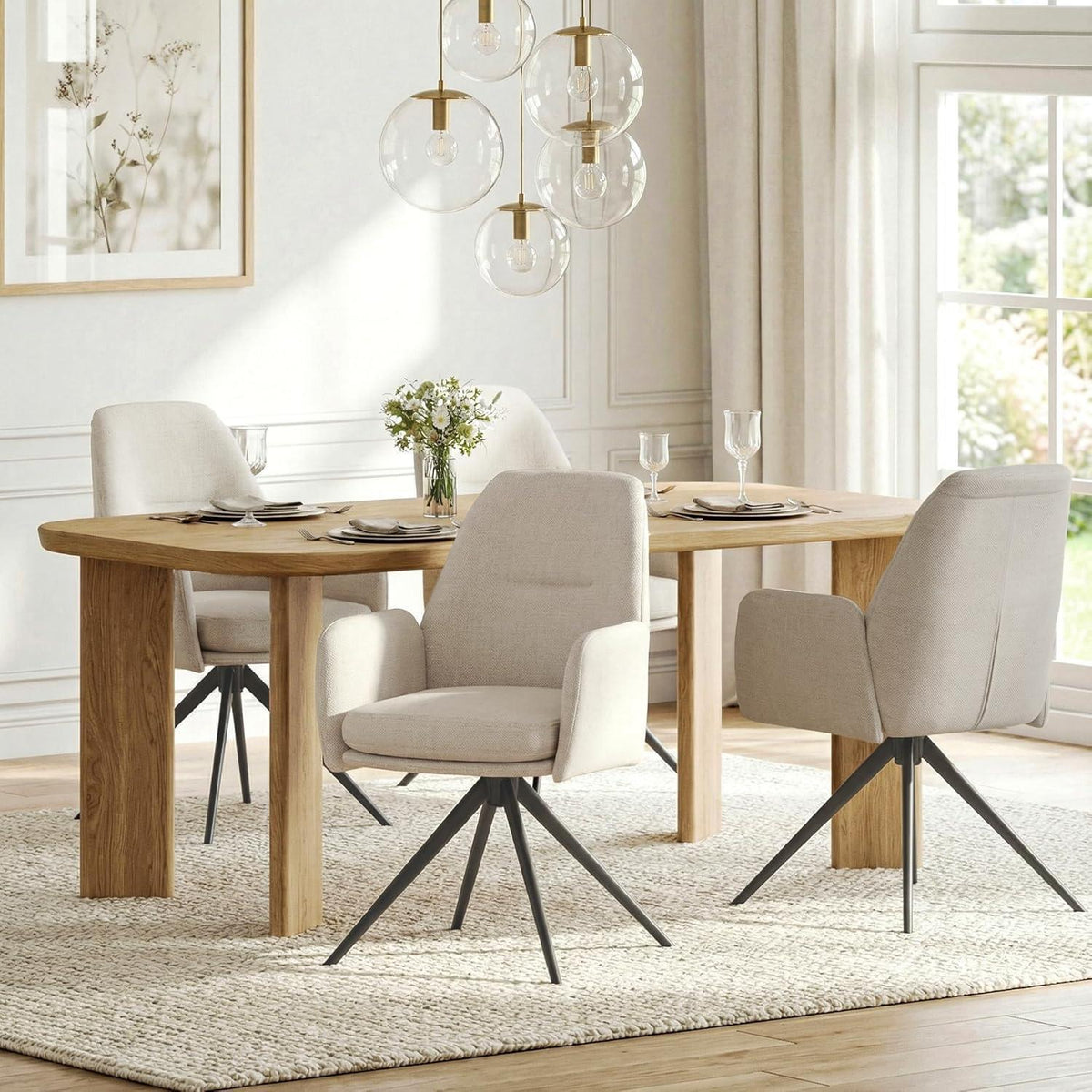 Drehbarer Esszimmerstuhl Set 4er – Beige, Gepolstert & Modern