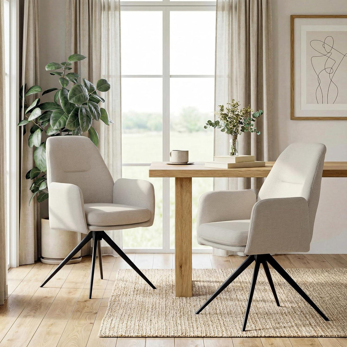 Drehbarer Esszimmerstuhl Set 4er – Beige, Gepolstert & Modern