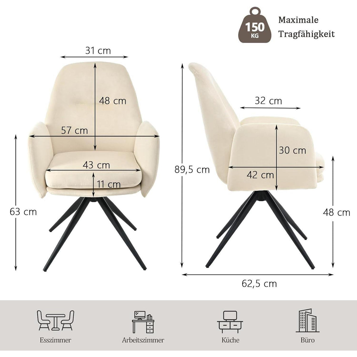 Drehbarer Esszimmerstuhl 2er Set mit Armlehnen, Cremeweiß