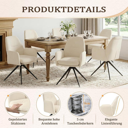 Drehbarer Esszimmerstuhl 2er Set mit Armlehnen, Cremeweiß