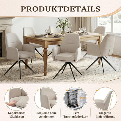 Drehbarer Esszimmerstuhl mit Armlehnen – Beige, 360° & Hochlehnig