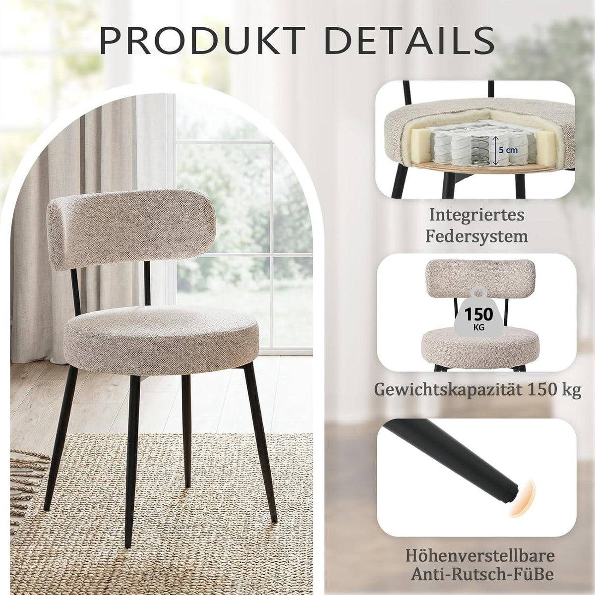 Esszimmerstühle 2er Set Bouclé Braun – Gepolsterte Küchenstühle