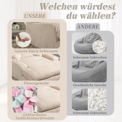 Cloud Sofa: Beiges Cord Schlafsofa mit 3 Kissen & hoher Tragkraft