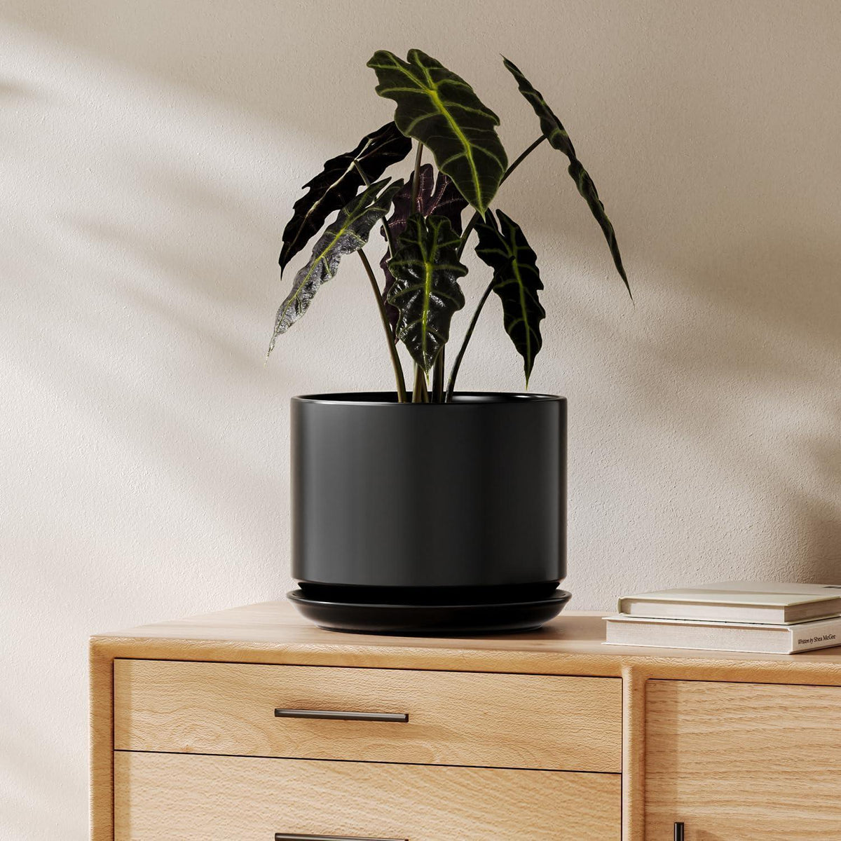 Keramik Pflanztopf 20cm Schwarz mit Untersetzer & Drainage