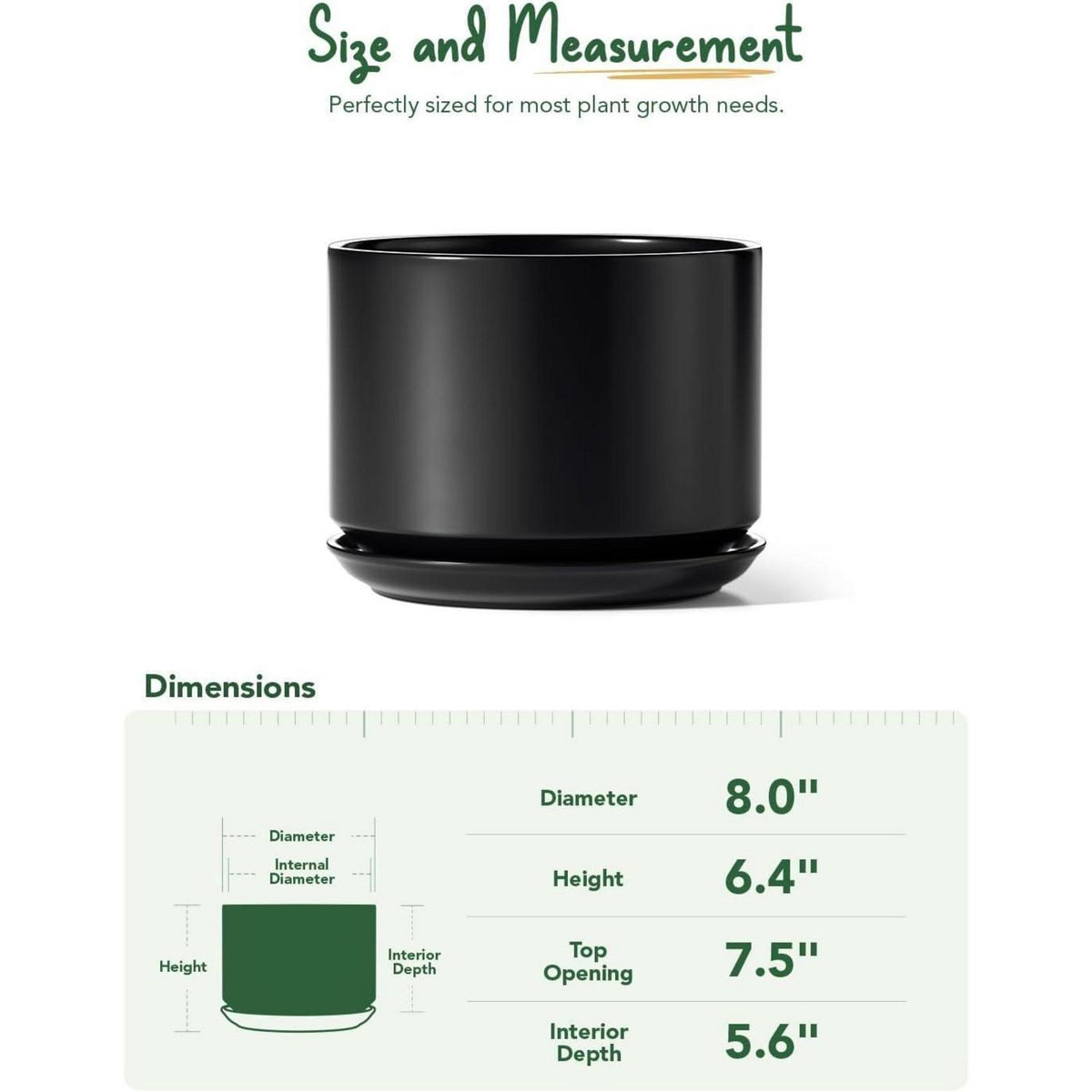 Keramik Pflanztopf 20cm Schwarz mit Untersetzer & Drainage