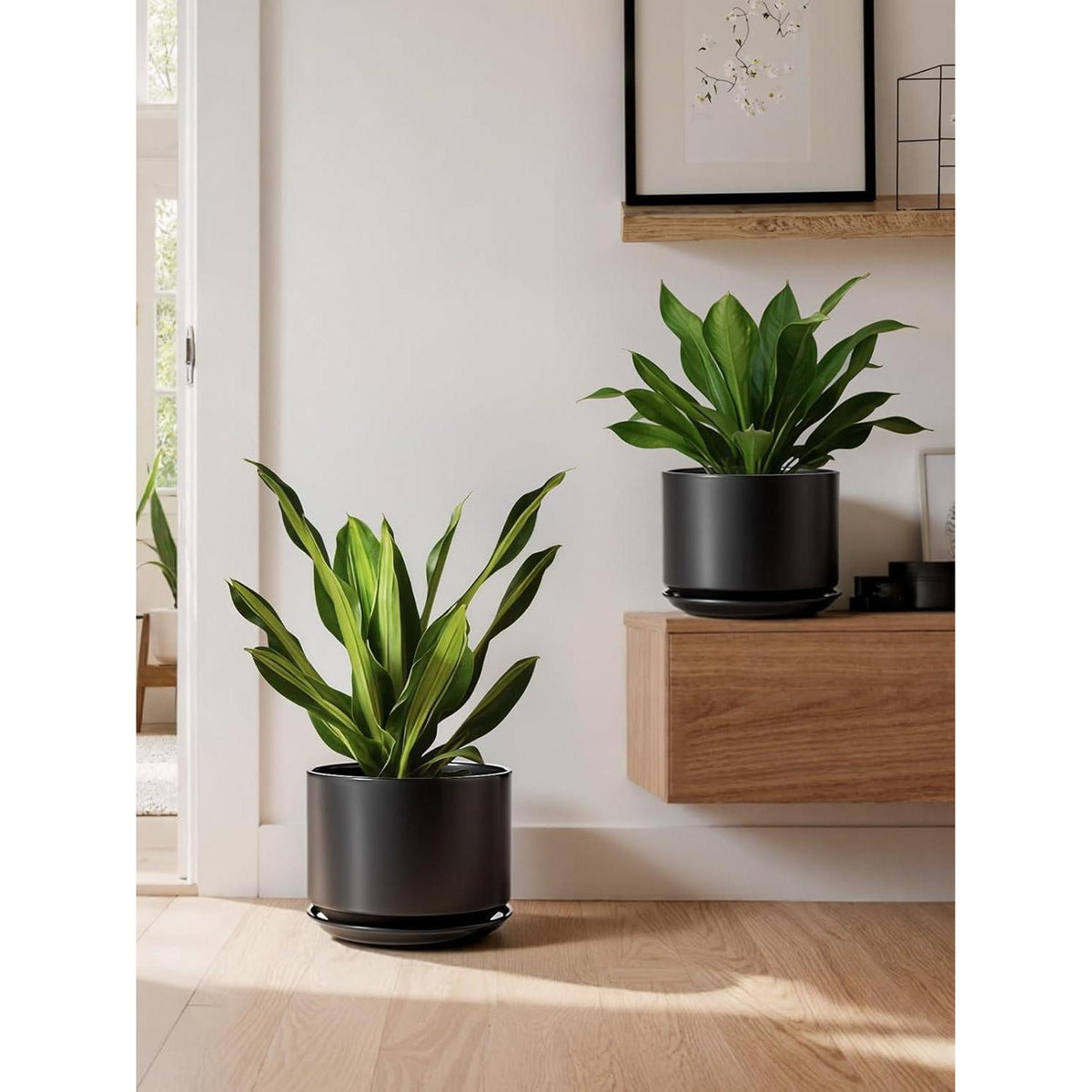 Keramik Pflanztopf 20cm Schwarz mit Untersetzer & Drainage