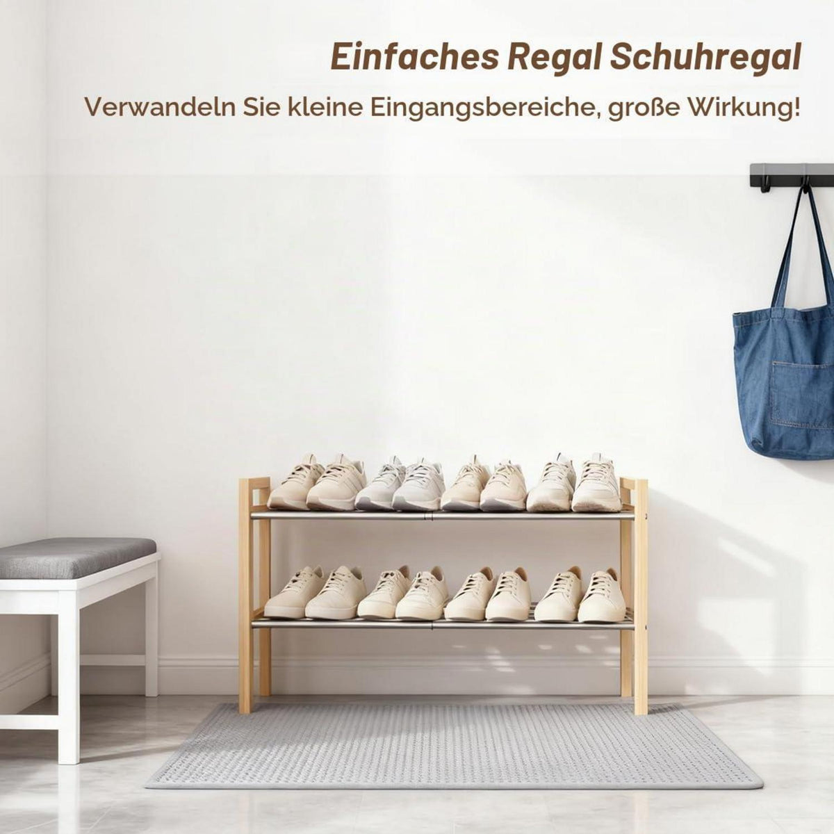Holz Schuhregal Eiche 2-stöckig, Erweiterbar & Platzsparend