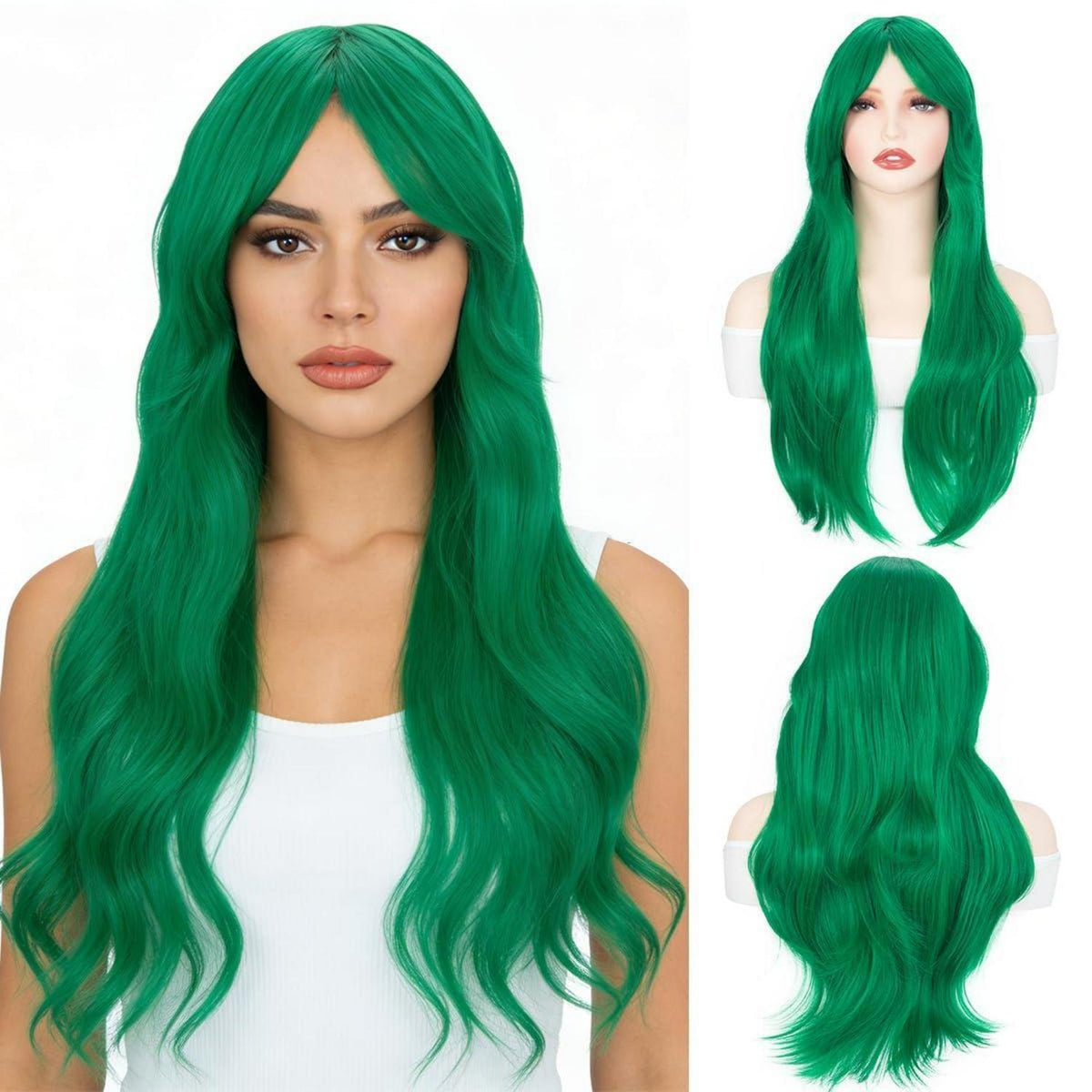 Grüne Damen Perücke mit Pony, 70 cm, gewellt & lockig