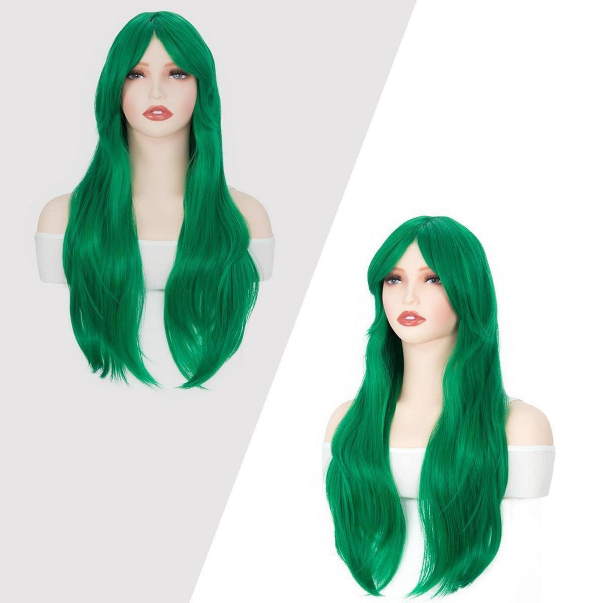 Grüne Damen Perücke mit Pony, 70 cm, gewellt & lockig