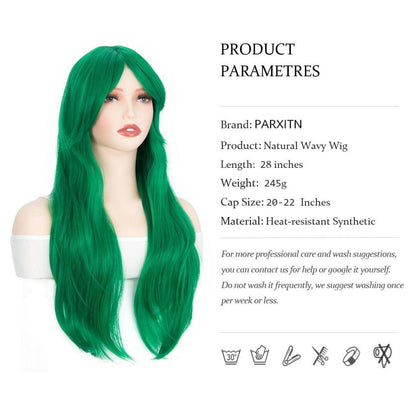 Grüne Damen Perücke mit Pony, 70 cm, gewellt & lockig