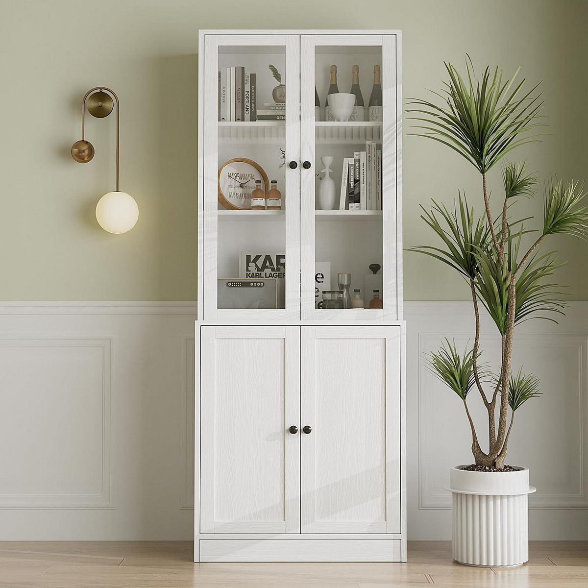 5-stöckiges Bücherregal mit Glastüren – Weißes Vitrinenschrank 180cm