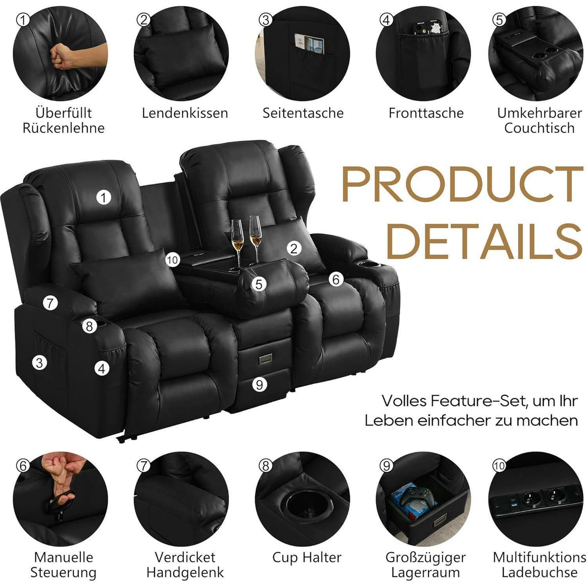 2er Relaxsessel mit Liegefunktion & Konsole – Schwarz